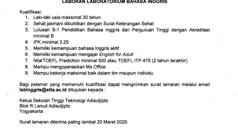 JOB VACANCY : LABORAN LABORATORIUM BAHASA INGGRIS